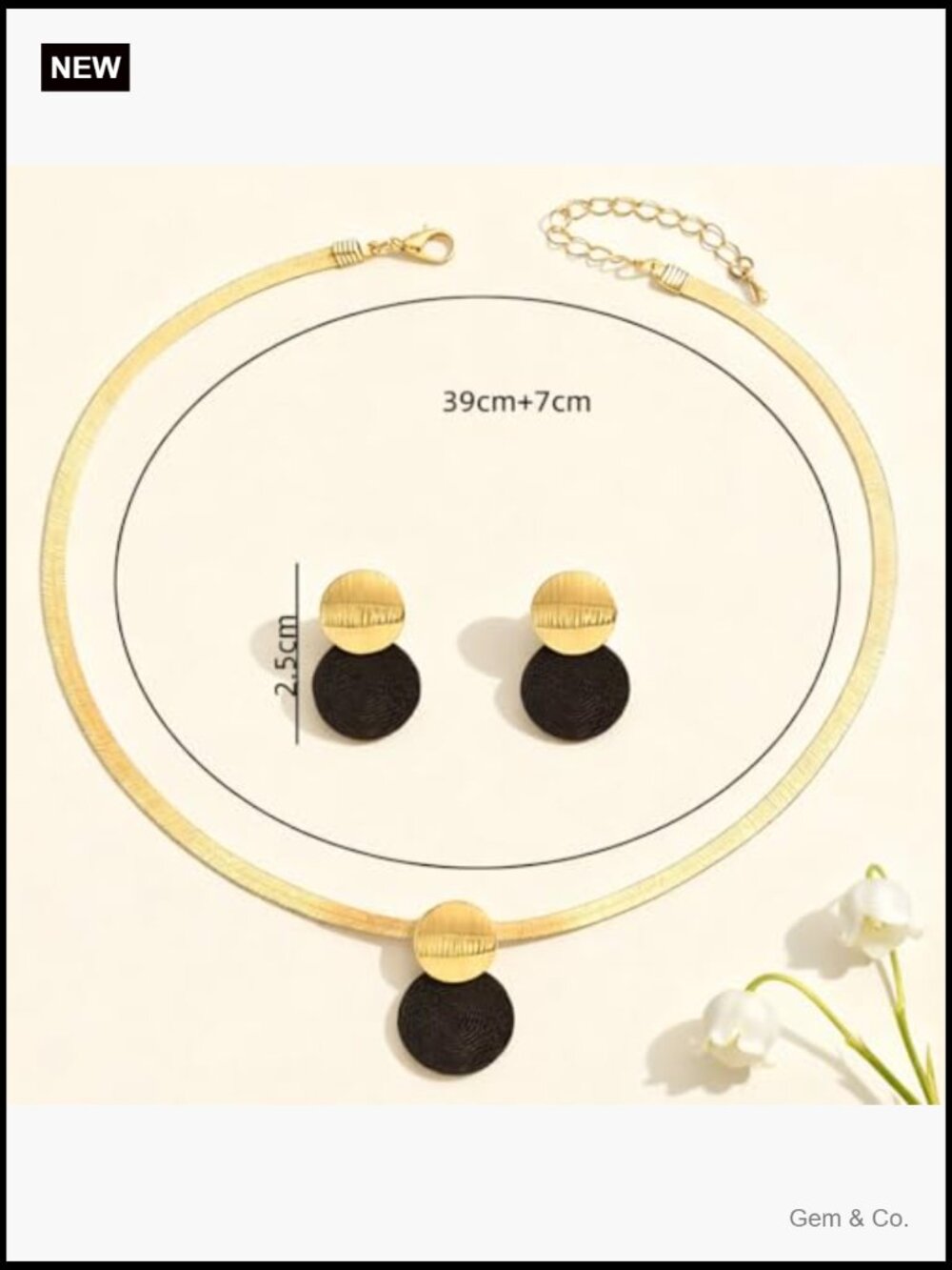 Gold Herringbone Snake Chain Choker Necklace With Black Disc Pendant Earring - Picture 6 of 7